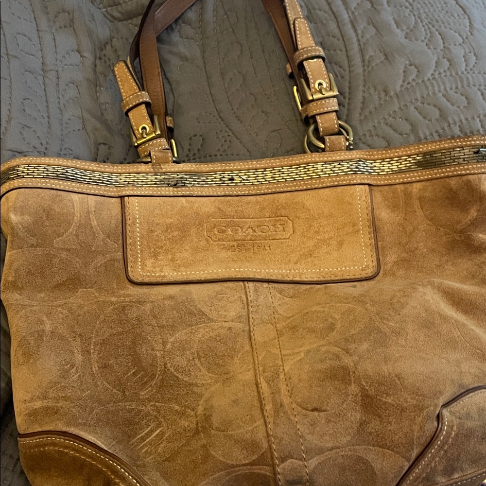 Coach Tan Suede Satchel with Gold Accents and Matching Wallet
